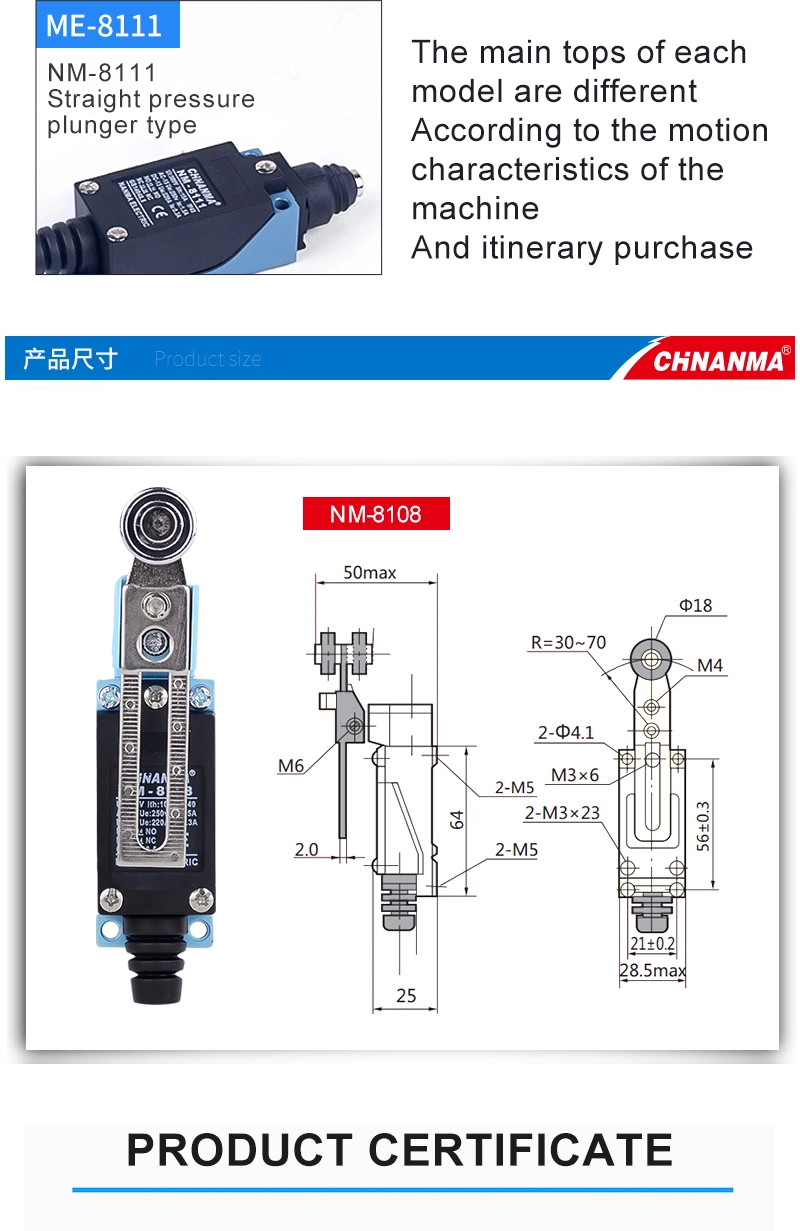 380VAC/15A Me Series Waterproof Limit Switch with Stainless Steel Roller