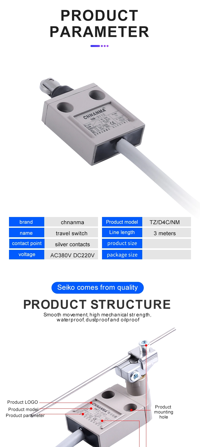 Tz-3102 Series Limit Switch UR Inner Core Parallel Top-Roller Stainless Customized Length